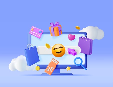 3D Online Shopping Concept. Render Computer with Shopping Symbols. Bag, Bank Card, Money, Gift Box and Discount Voucher or Sale Coupon. Online Shop, Payment and Delivery. Vector Illustration