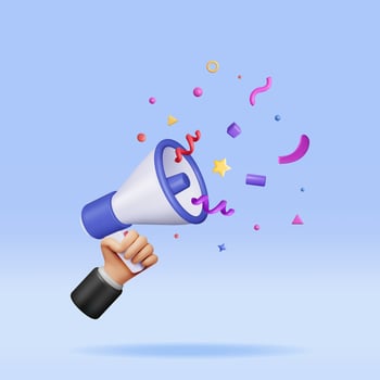 3D Megaphone with Colorful Confetti. Render Megaphone Realistic. Modern Bullhorn or Loudspeaker. Grand Opening or Sale Concept. Announcement Message, Birthday or Holiday Attention. Vector Illustration
