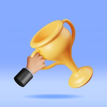 3D Golden Champion Trophy in Hand. Render Gold Cup Trophy Icon. Gold Trophy for Competitions. Award, Victory, Goal, Champion Achievement, Prize, Sports Award, Success Concept. Vector Illustration