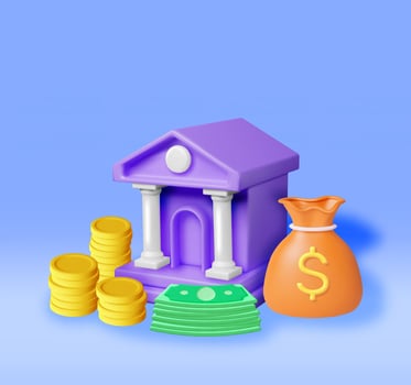 3D Bank Building and Cash Money. Render Financial House Icon. Construction with Columns in Ancient Design. Money Deposit and Withdrawal, Financial Transactions Service Banking. Vector Illustration