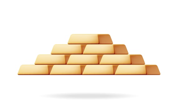 3D Golden Bars Stack Isolated on White. Render Heap of Golden Bricks Solid Money. Concept of Banking or Financial Success. Investment or Commercial Profit Savings. Cartoon Vector Illustration