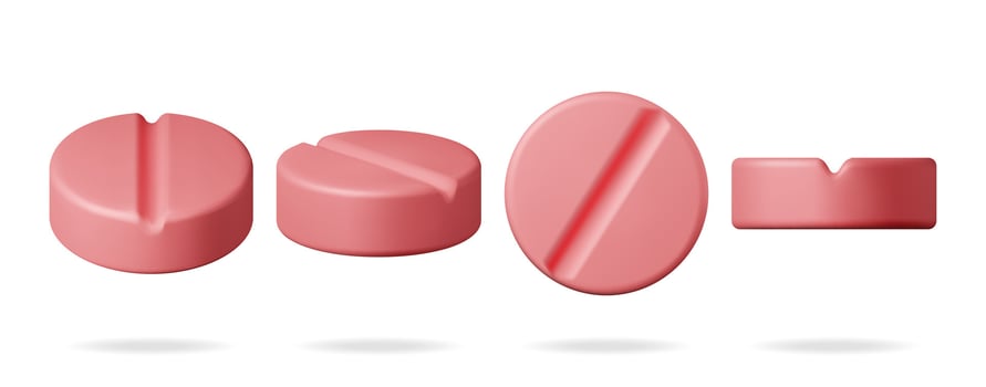 3D Classic Pills from Different Angles Collection Isolated. Render Round Tablets Set. Pill for Illness and Pain Treatment. Medical Drug, Vitamin, Antibiotic. Healthcare Pharmacy. Vector Illustration