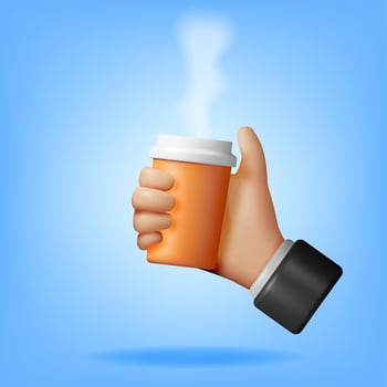 3d Human Hand Holding Coffee Cup Isolated. Render Paper Cup of Coffee Drink. Hot Coffee or Tea in Takeaway Package in Arm. Tea, Cappuccino, Espresso, Americano, Latte. Realistic Vector Illustration