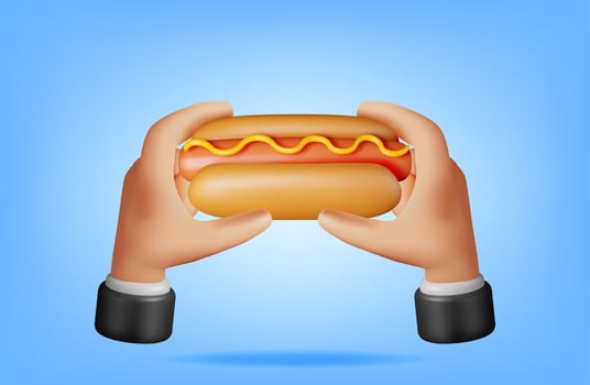 3D Hot Dog with Mustard in Hand Isolated on White. Render Hotdog Icon. Sausage with Bun and Mustard. Fast Food Concept. Fat, Unhealthy Food. Cartoon Vector Illustration