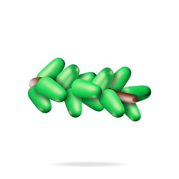 3D Green Lush Spruce Branch Isolated. Render Abstract Evergreen Tree, Fir Branch. Happy New Year Decoration. Merry Christmas Holiday. New Year and Xmas Celebration. Vector Illustration