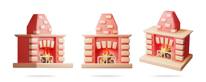3D Fireplace with Burning Wood Set Isolated. Render Winter Interior Bonfire. Bright Burning Flame and Smoldering Logs Inside. Home Fireplace for Comfort and Relaxation. Realistic Vector Illustration