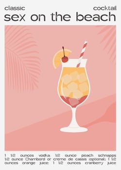 Sex On The Beach Tropical Cocktail garnished with orange and cherry. Classic alcoholic beverage recipe wall art print. Summer aperitif poster. Minimalist alcoholic drink placard. Vector illustration.