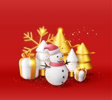 3D Snowman with Gift Boxes and Gold Christmas Tree. Render Happy New Year Decoration Banner. Merry Christmas Holiday. New Year and Xmas Celebration. Realistic Vector Illustration