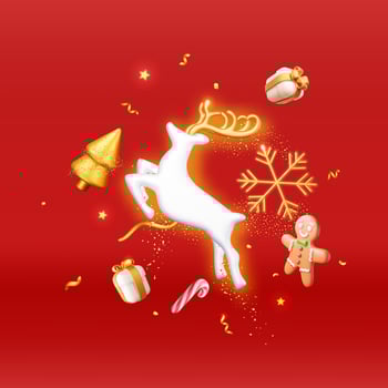 3D Deer with Golden Horns and Christmas Tree. Render Happy New Year Decoration Banner. Merry Christmas Holiday. New Year and Xmas Celebration. Realistic Vector Illustration
