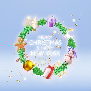 3D Decorated Christmas Wreath. Render Fir Evergreen Wreath with Holly Leaves, Baubles, Gift Boxes, Gingerbread Man. New Year Decoration. Christmas Holiday. New Year Xmas. Vector Illustration