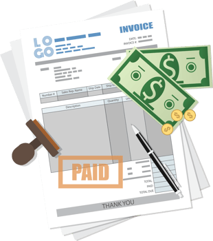Paper invoice form, paid stamp, pen, cash money png