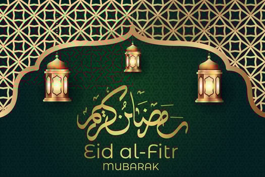 Ramadan eid al-fitr mubarak greeting card with lanterns and arabic call vector