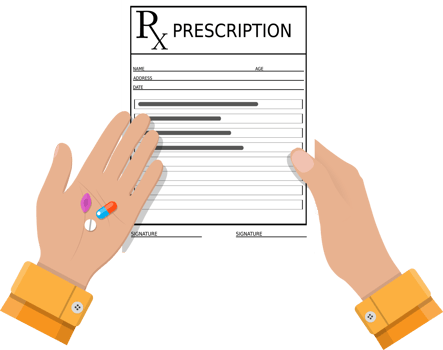 Hands holds prescription rx form and pills png