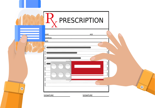 Hands holds prescription rx form and pills png