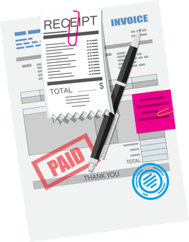 Paper invoice form with seal and pinned receipt png