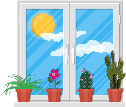 White window with flowers on wall png