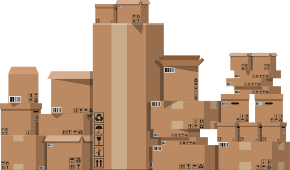 Pile cardboard boxes on warhouse shelves png