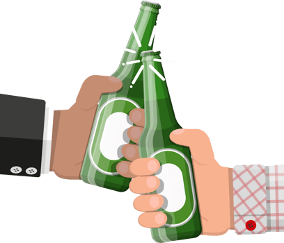 Bottle of beer in hand. People clink and toast. png