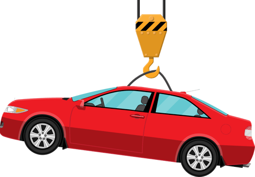 Red coupe car hanging on hook crane png