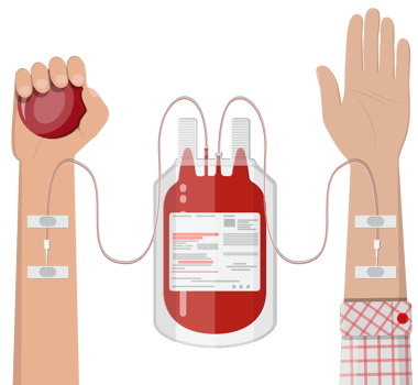 Bag with blood and hand of donor png