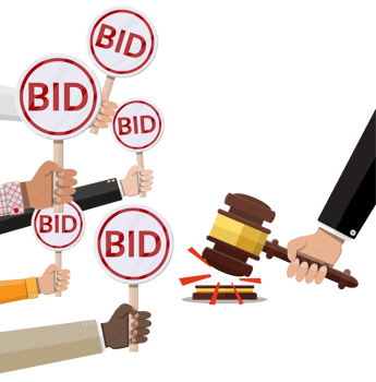 Hands holding auction paddle and hammer png