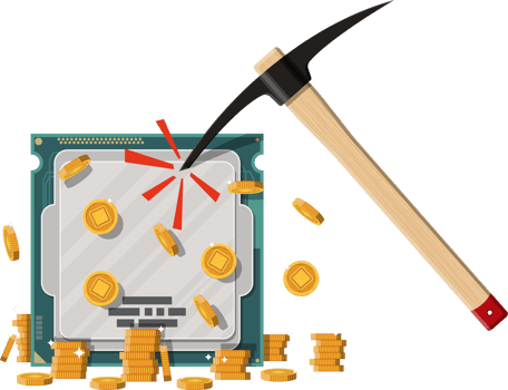 Golden coin with computer chip and pickaxe png