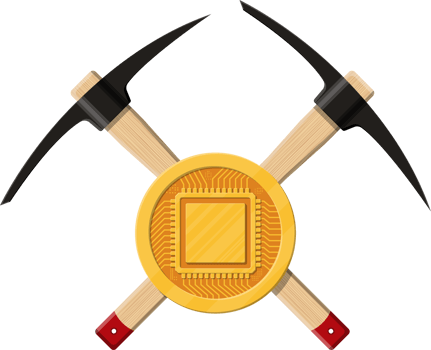 Golden coin with computer chip and pickaxe png
