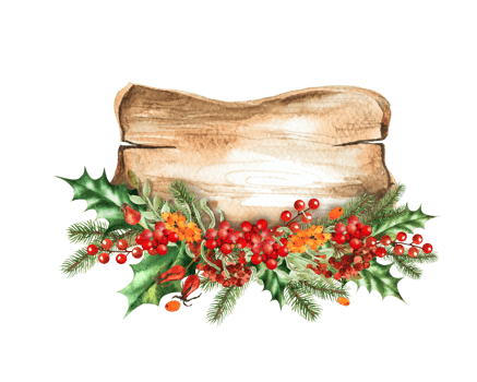 Watercolor illustration of a New Year's composition with a wooden background for text and holly, rowan, rosehip. Hand drawn to decorate cards, frames, advertisements, notices, etc. png