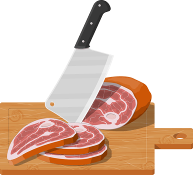 Cutting board, butcher cleaver and piace of meat. png