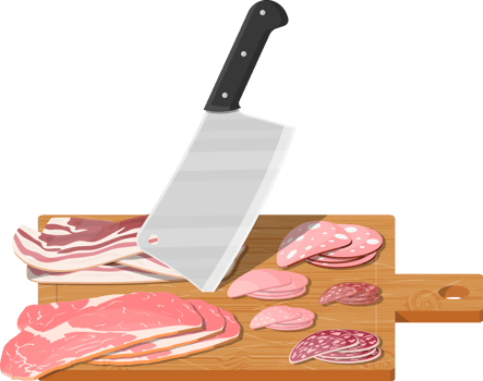 Cutting board, butcher cleaver and piace of meat. png