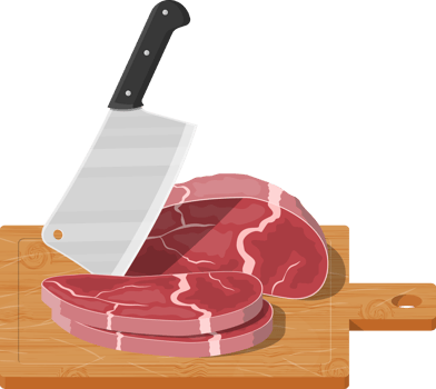 Cutting board, butcher cleaver and piace of meat. png