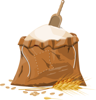 Cloth sack with whole flour, ear wheat and scoop. png