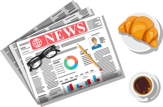 Newspaper with croissant, cup of coffee, pencil. png