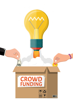 Cardboard box, bulb rocket and hands with money. png