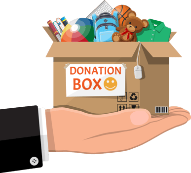 Donation box full of toys, books, clothes, devices png