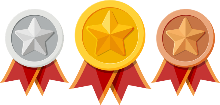 Set of medals with red ribbons and star shapes. png