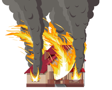 Wooden house burns. Fire in cottage. png