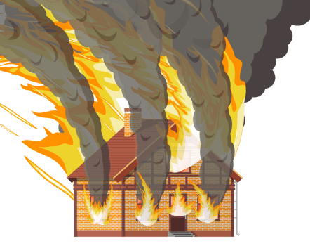 Wooden house burns. Fire in cottage. png