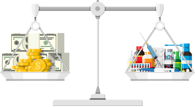 Balance scales with money and drugs png