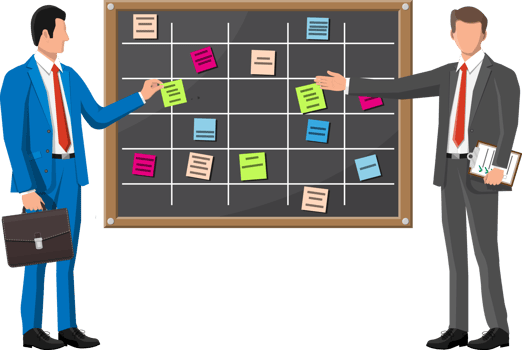 Scrum agile board and businessman. png