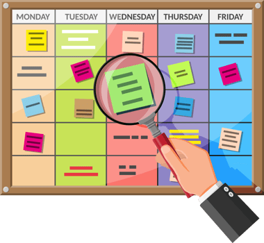 Scrum board and magnifying glass. png