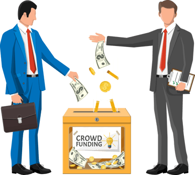 Business people near donation box and money. png
