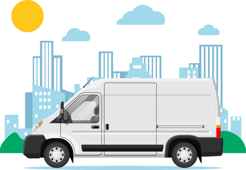 White delivery van at cityscape png