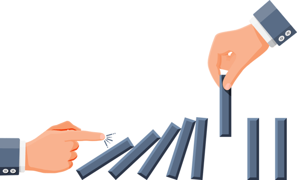 Businessman hand stopping domino effect. png