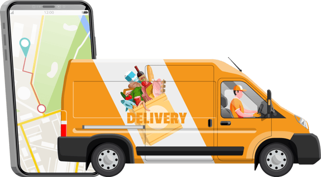 Delivery van full of food and smartphone. png