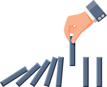Businessman hand stopping domino effect. png