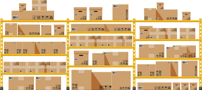 Metallic shelves with carton brown boxes. png