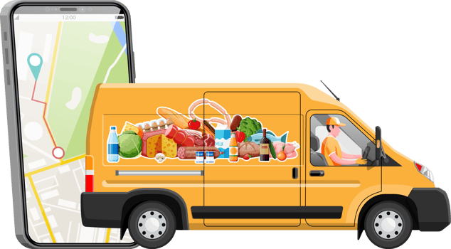 Delivery van full of food and smartphone. png