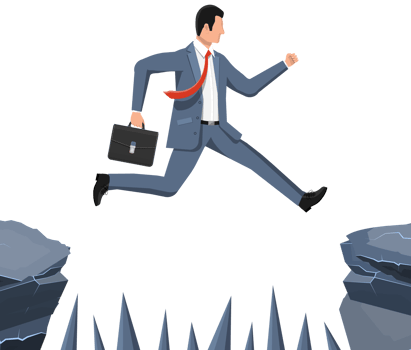 Businessman jumps to goal through abyss. png