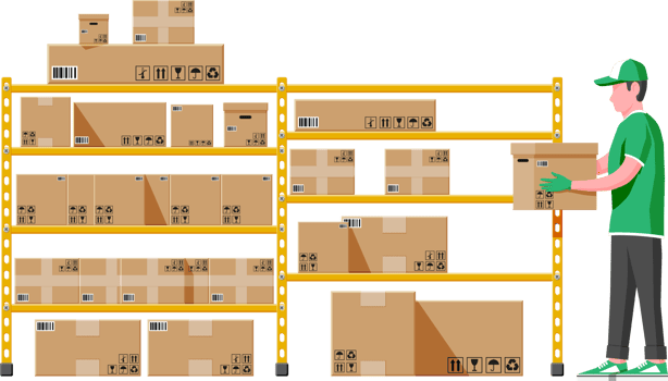 Warehouse shelves with boxes and mover png
